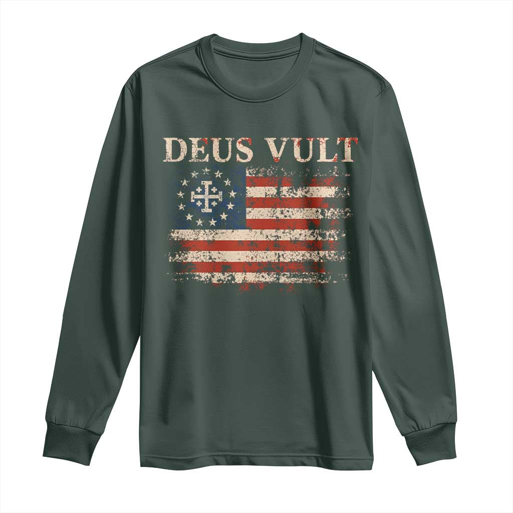 Catholic Knight Templar Crusader Cross Long Sleeve Shirt Vintage American Flag TS10 Dark Forest Green Print Your Wear