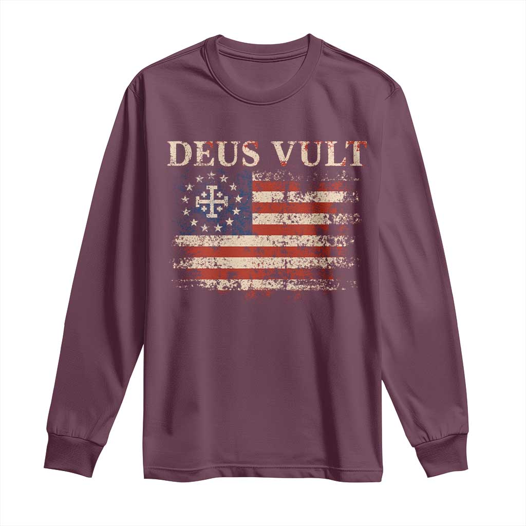 Catholic Knight Templar Crusader Cross Long Sleeve Shirt Vintage American Flag TS10 Maroon Print Your Wear