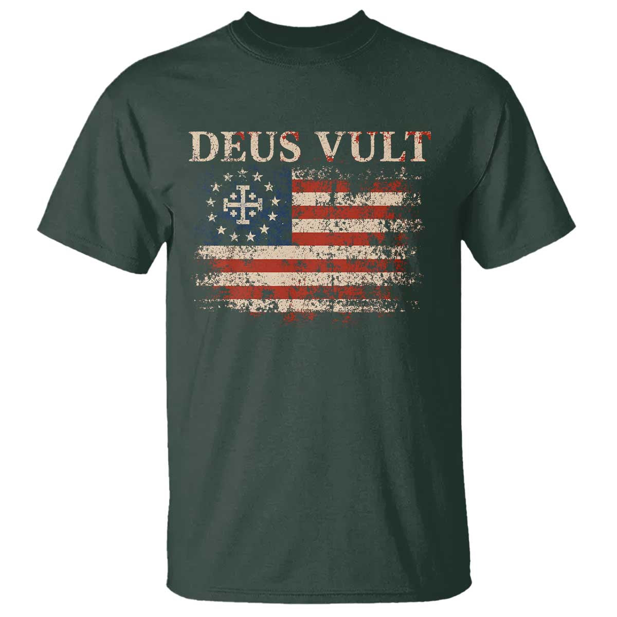 Catholic Knight Templar Crusader Cross T Shirt Vintage American Flag TS10 Dark Forest Green Print Your Wear