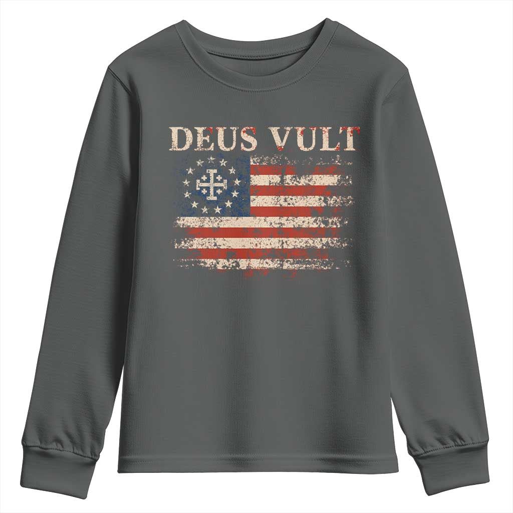 Catholic Knight Templar Crusader Cross Youth Sweatshirt Vintage American Flag TS10 Dark Heather Print Your Wear