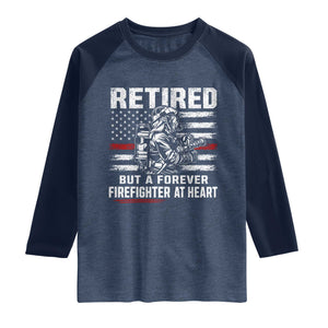 Retired Firefighter Raglan Shirt Fireman Pride 911 Rescue Retirement Gift TS10 Heather Denim Navy Print Your Wear