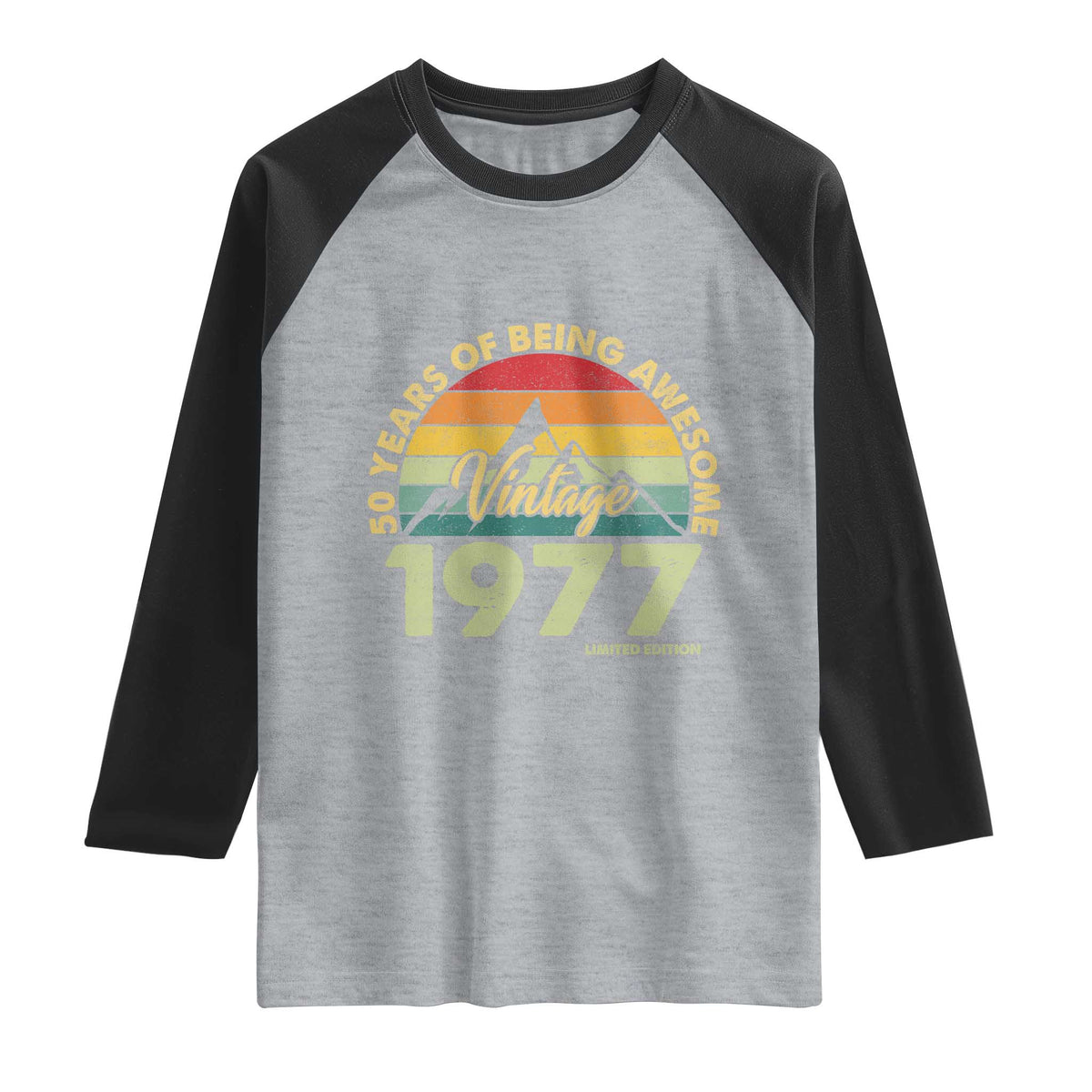 50th Birthday Raglan Shirt Vintage 1977 Limited Edition 50 Year Old Gift TS10 Heather Gray Black Print Your Wear