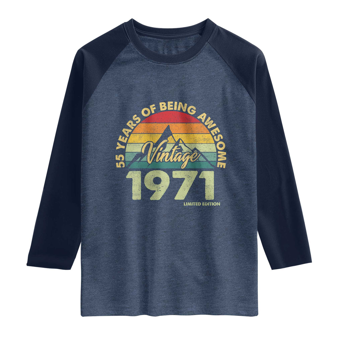 55th Birthday Raglan Shirt Vintage 1971 Limited Edition 55 Year Old Gift TS10 Heather Denim Navy Print Your Wear