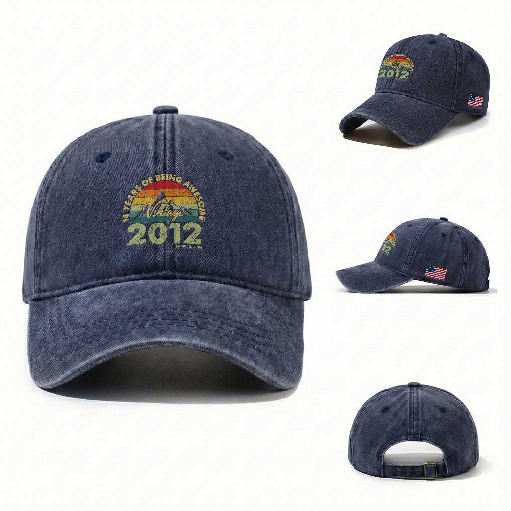 14th Birthday Washed Cotton Baseball Cap Vintage 2012 Limited Edition 14 Year Old Gift TS10 Washed Cap Universal Fit Navy Print Your Wear