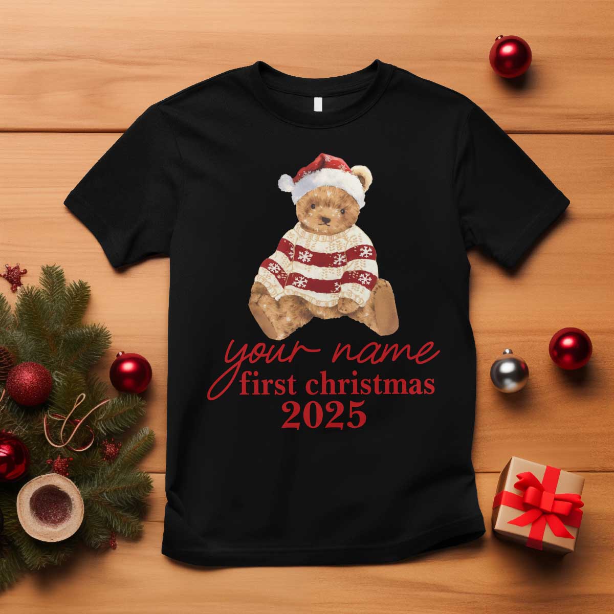 Personalised My First Christmas T Shirt Custom Name Newborn Baby 1st Xmas TS10 Black Print Your Wear