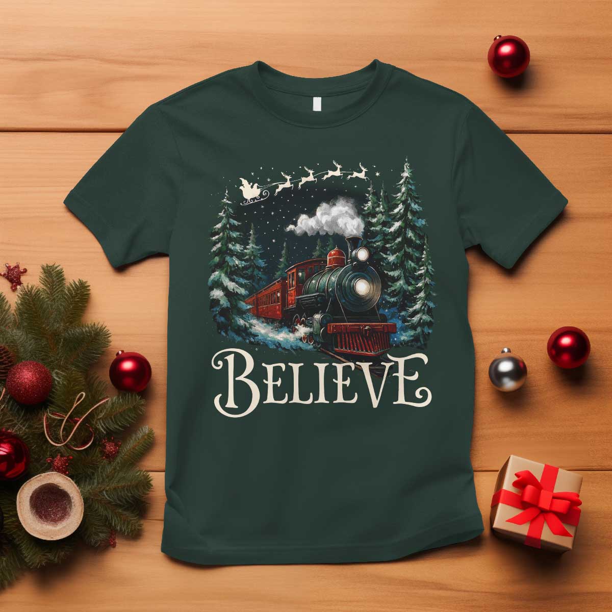 Polar Express T Shirt Christmas Believe TS10 Dark Forest Green Print Your Wear