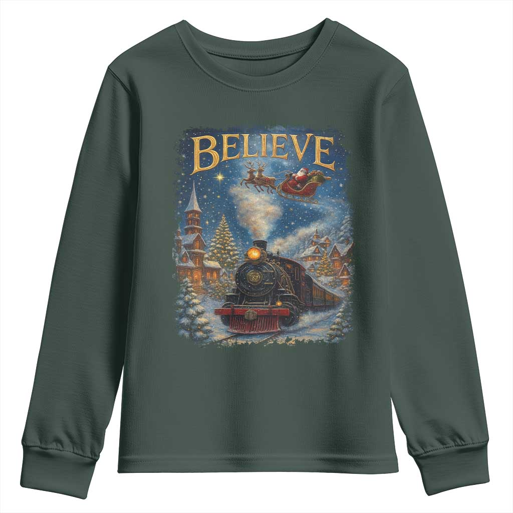 Polar Express Youth Sweatshirt Retro Vintage Christmas Believe TS10 Dark Forest Green Print Your Wear