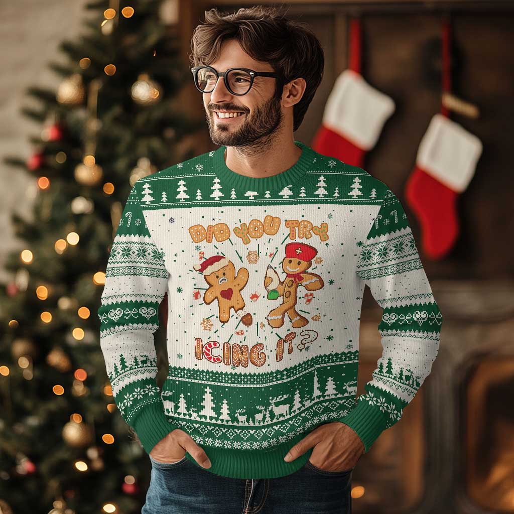 Funny Christmas Nurse Ugly Christmas Sweater Did You Try Icing It Gingerbread Man TS10 Green Print Your Wear