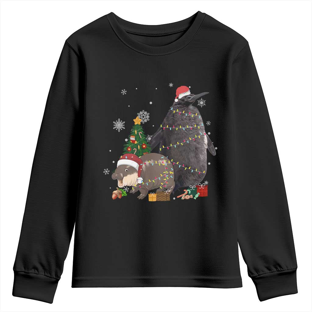 Christmas Pesto and Moo Deng Friendship Youth Sweatshirt King Penguin Baby Hippo Viral Meme TS10 Black Print Your Wear