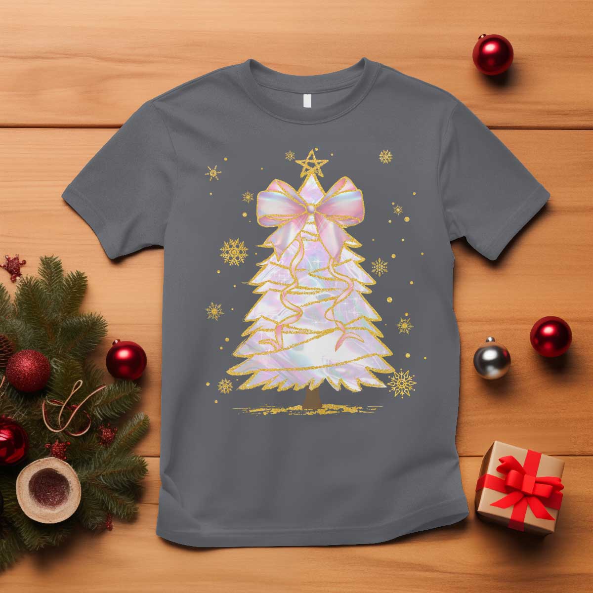 Christmas Tree Bow T Shirt Gift For Her TS10 Charcoal Print Your Wear