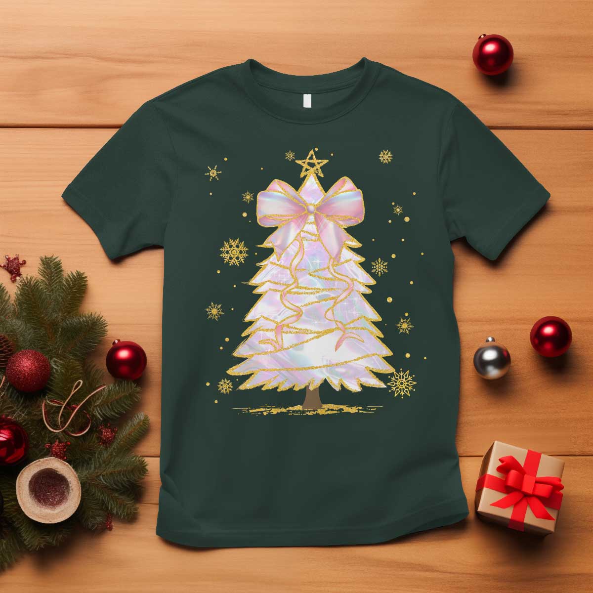 Christmas Tree Bow T Shirt Gift For Her TS10 Dark Forest Green Print Your Wear