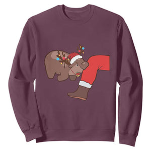 Funny Moo-Deng Christmas Sweatshirt MooDengMas Xmas Baby Pygmy Hippo Cute Zoo For Family Tee TS10 Maroon Print Your Wear