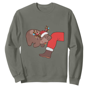 Funny Moo-Deng Christmas Sweatshirt MooDengMas Xmas Baby Pygmy Hippo Cute Zoo For Family Tee TS10 Military Green Print Your Wear