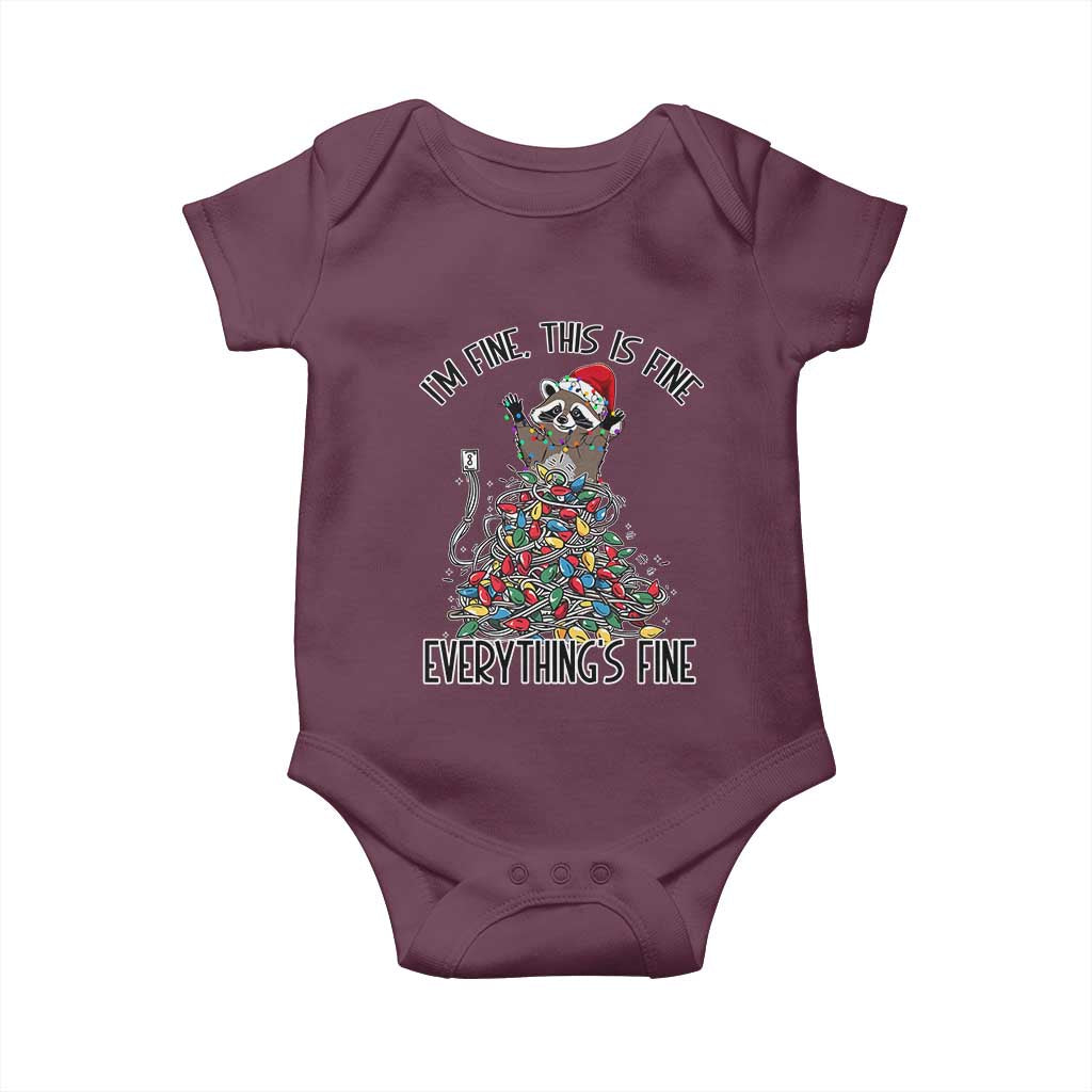 Christmas Racoon Baby Onesie I'm Fine Everything Is Fine Xmas Lights TS10 Maroon Print Your Wear