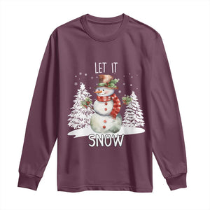 Christmas Let It Snow Long Sleeve Shirt Funny Snowman Snowflakes Xmas Tree TS10 Maroon Print Your Wear