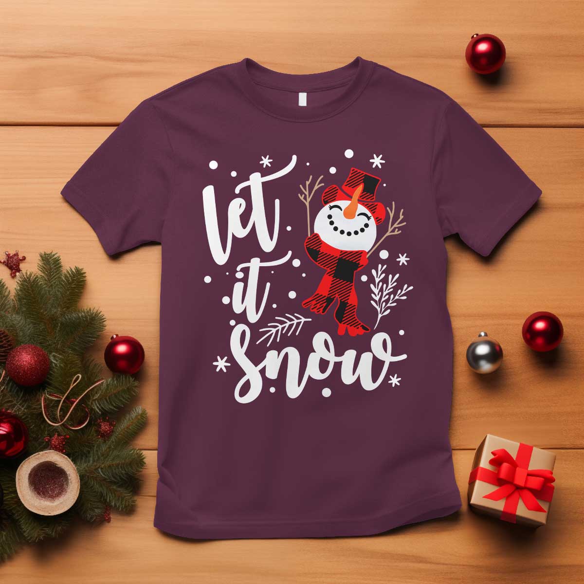 Christmas Let It Snow T Shirt Funny Snowman Snowflakes TS10 Maroon Print Your Wear