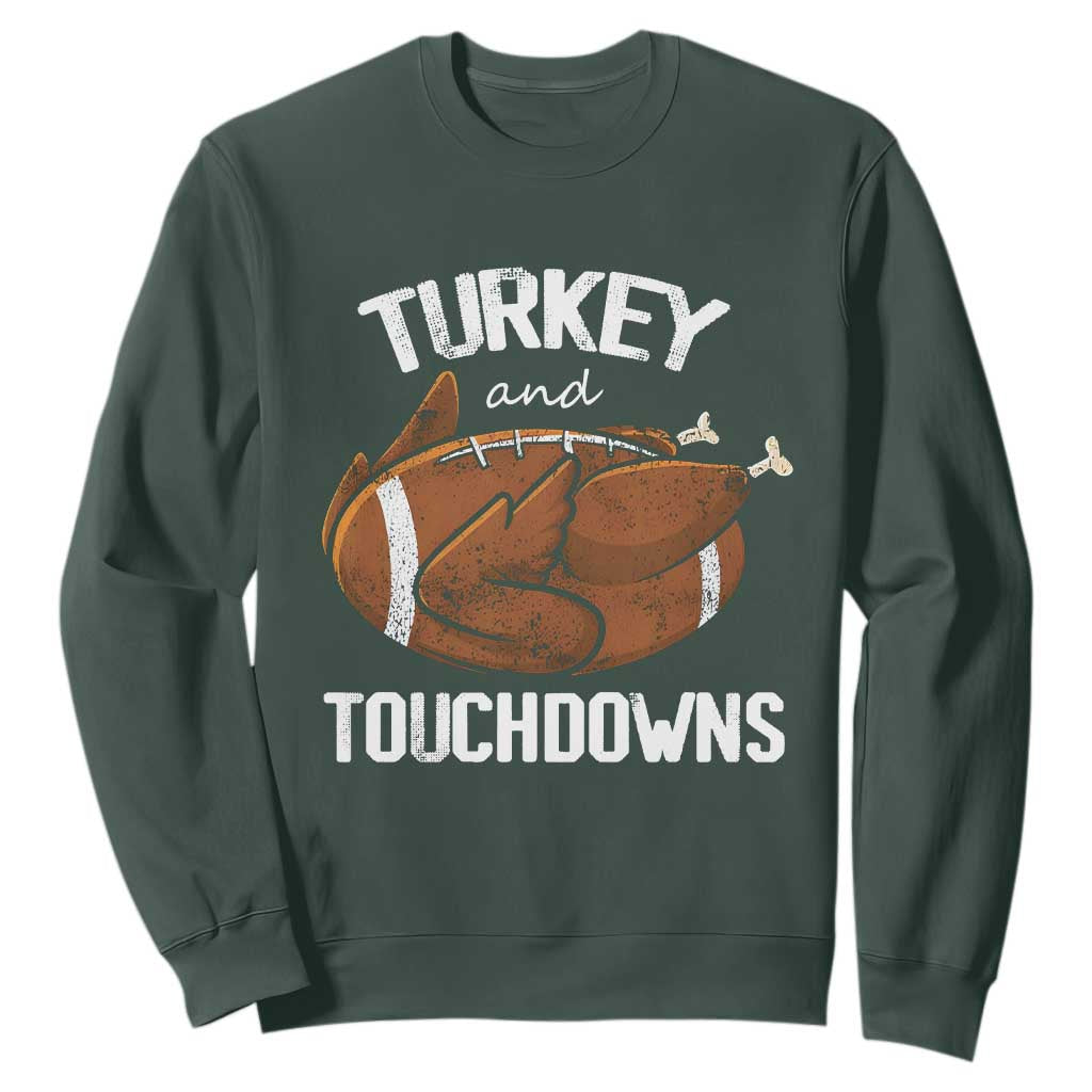 Funny Thanksgiving Sweatshirt Turkey and Touchdowns Football Season TS10 Dark Forest Green Print Your Wear