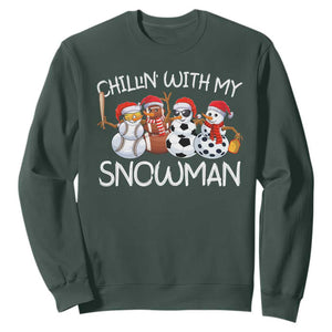 Snowman Christmas Sweatshirt Football Soccer Baseball Pickleball Chillin With My Snowmies Ugly Gift TS10 Dark Forest Green Print Your Wear