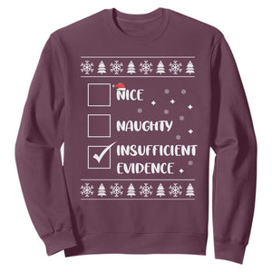 Funny Christmas Santa Sweatshirt Nice Naughty Insufficient Evidence Xmas List TS10 Maroon Print Your Wear