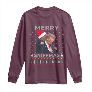 Funny Christmas Trump Long Sleeve Shirt Merry Sniffmas Biden Sniffing Trump Ugly Sweater Xmas Dirty TS10 Maroon Print Your Wear