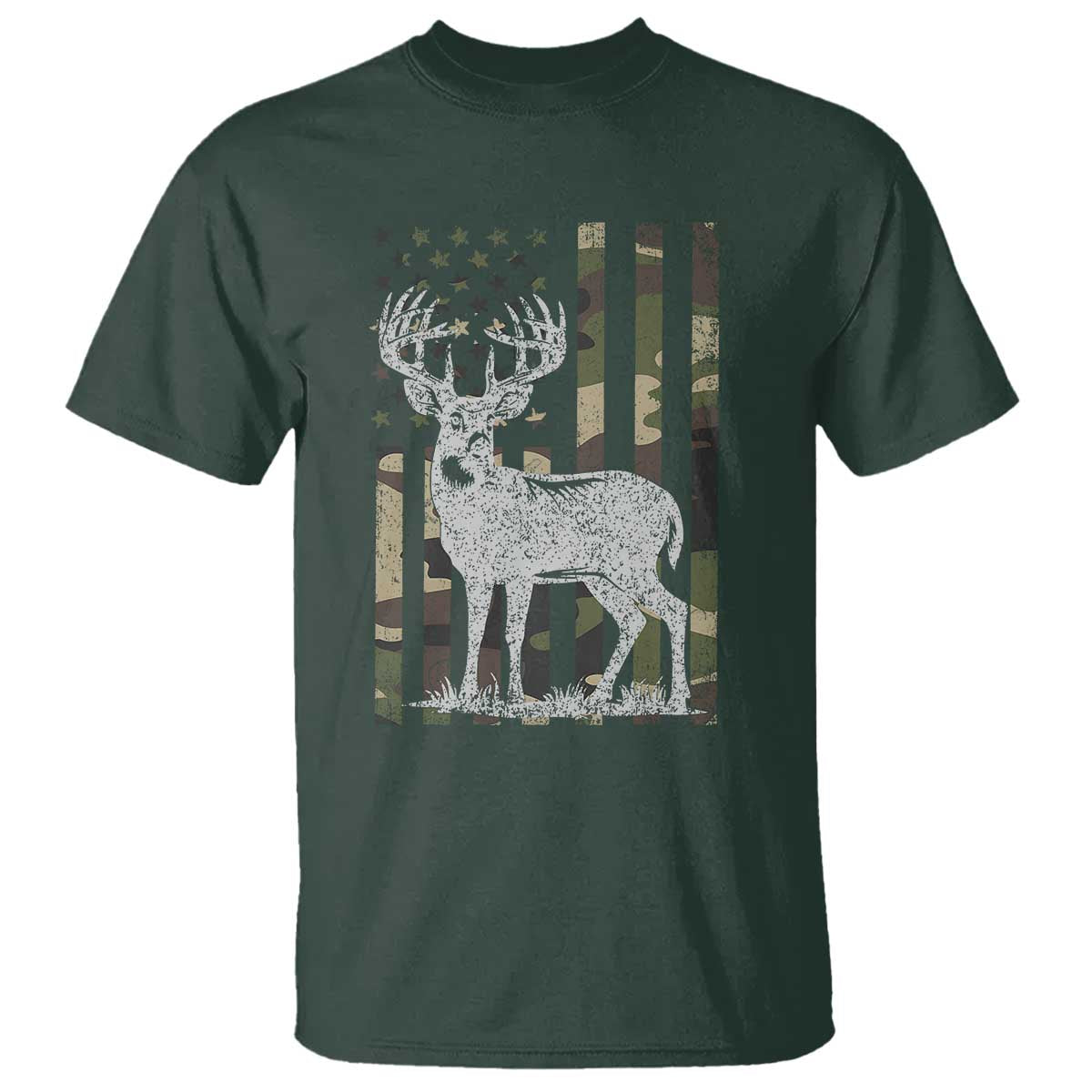 Deer Hunting American Camouflage Flag T Shirt TS10 Dark Forest Green Print Your Wear