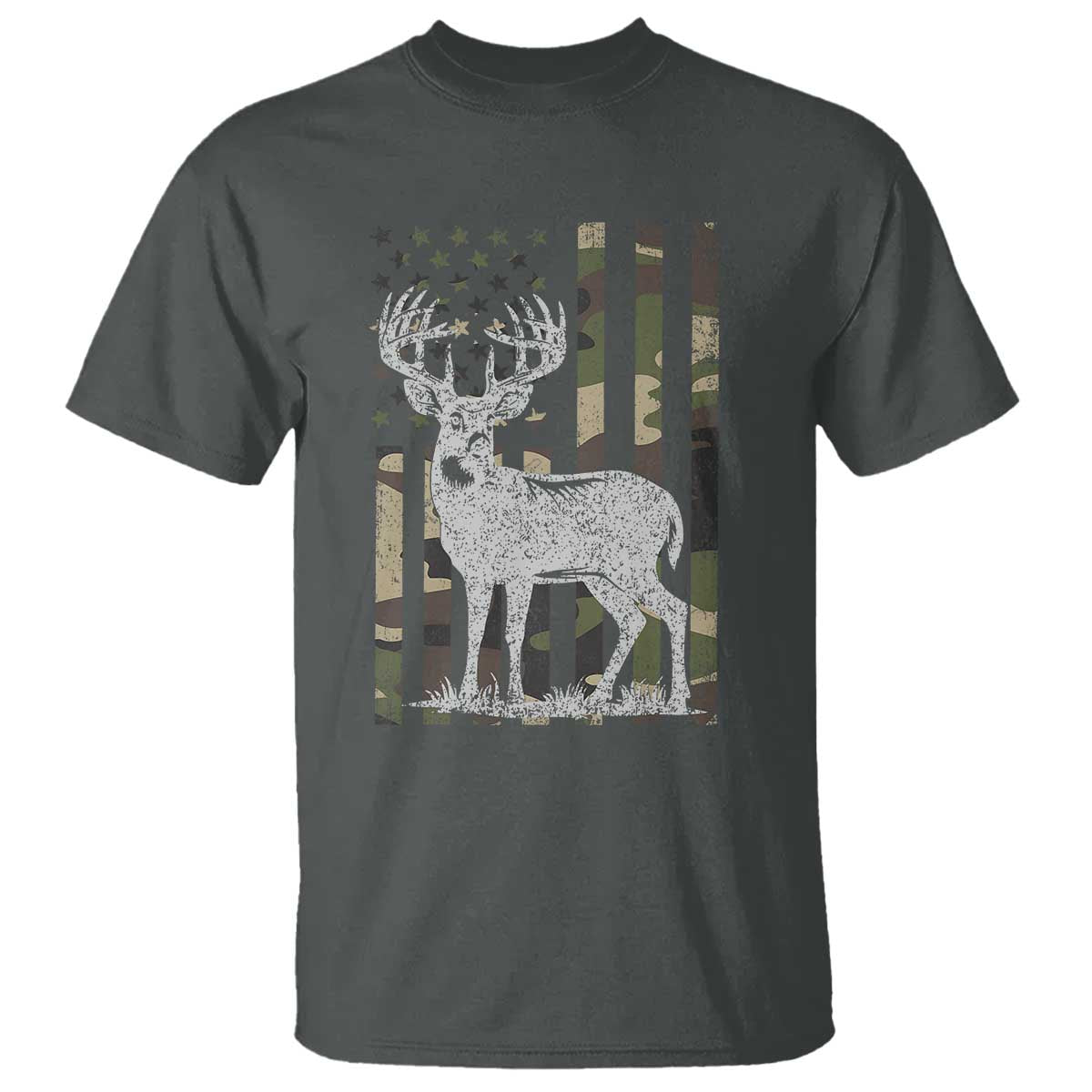 Deer Hunting American Camouflage Flag T Shirt TS10 Dark Heather Print Your Wear