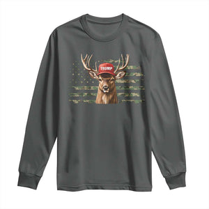 Hunting Trump Long Sleeve Shirt Antlers Deer Camouflage USA Flag Trump Support TS10 Dark Heather Print Your Wear