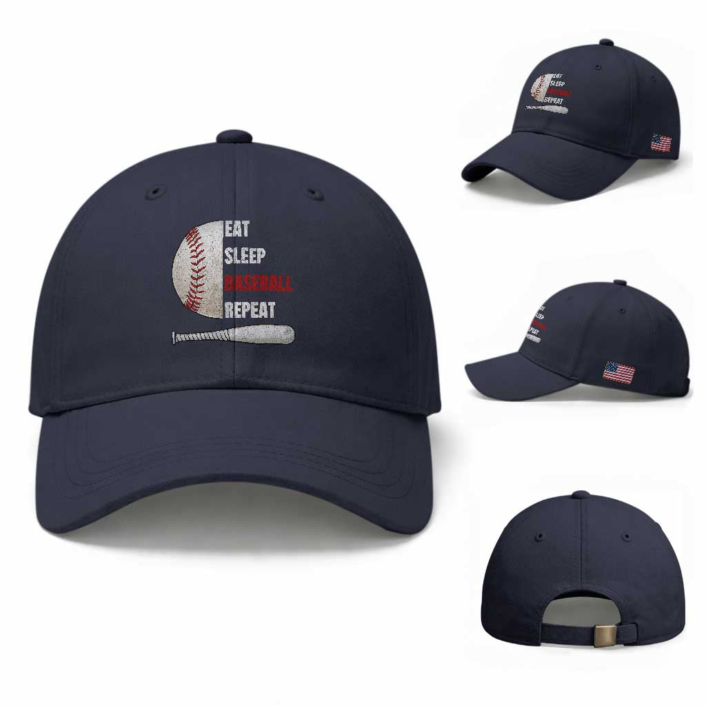 Baseball Player Baseball Cap Retro Funny Eat Sleep Baseball Repeat TS10 Baseball Cap Universal Fit Navy Print Your Wear