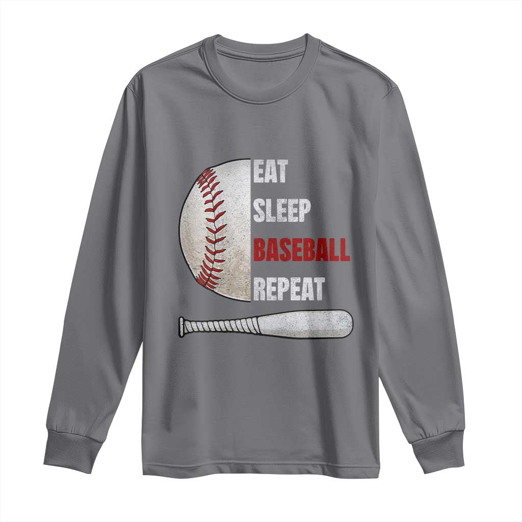 Baseball Player Long Sleeve Shirt Retro Funny Eat Sleep Baseball Repeat TS10 Charcoal Print Your Wear