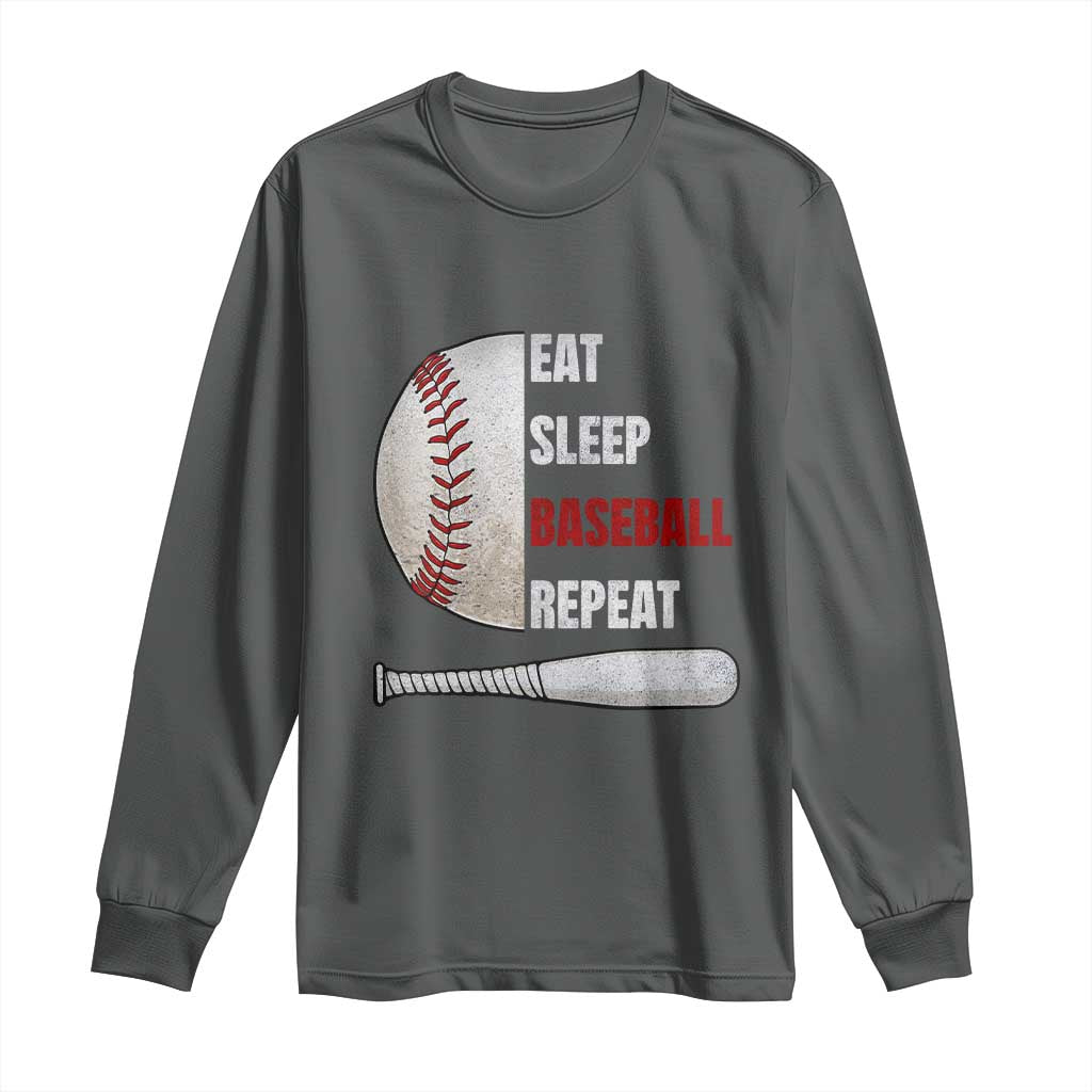 Baseball Player Long Sleeve Shirt Retro Funny Eat Sleep Baseball Repeat TS10 Dark Heather Print Your Wear
