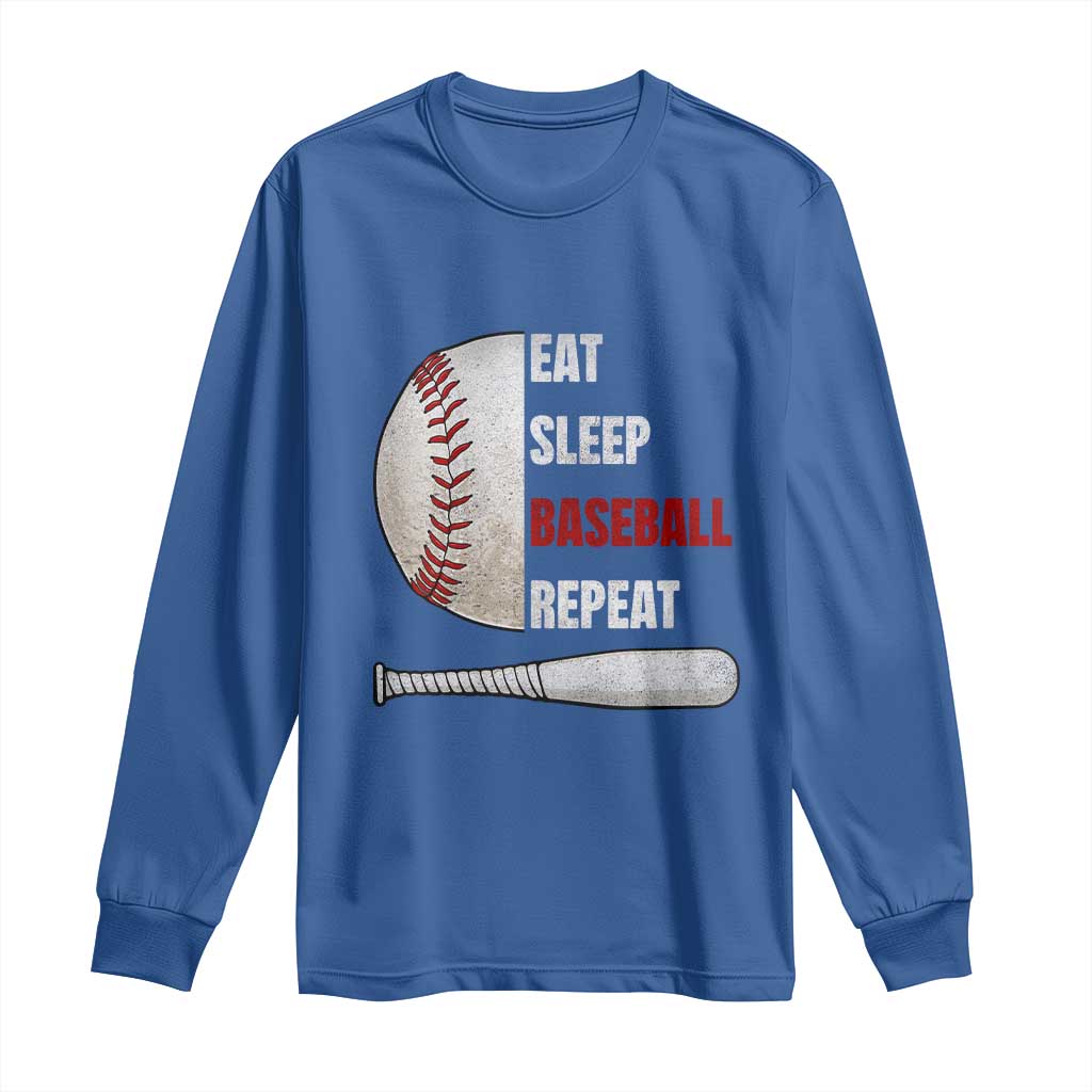 Baseball Player Long Sleeve Shirt Retro Funny Eat Sleep Baseball Repeat TS10 Royal Blue Print Your Wear