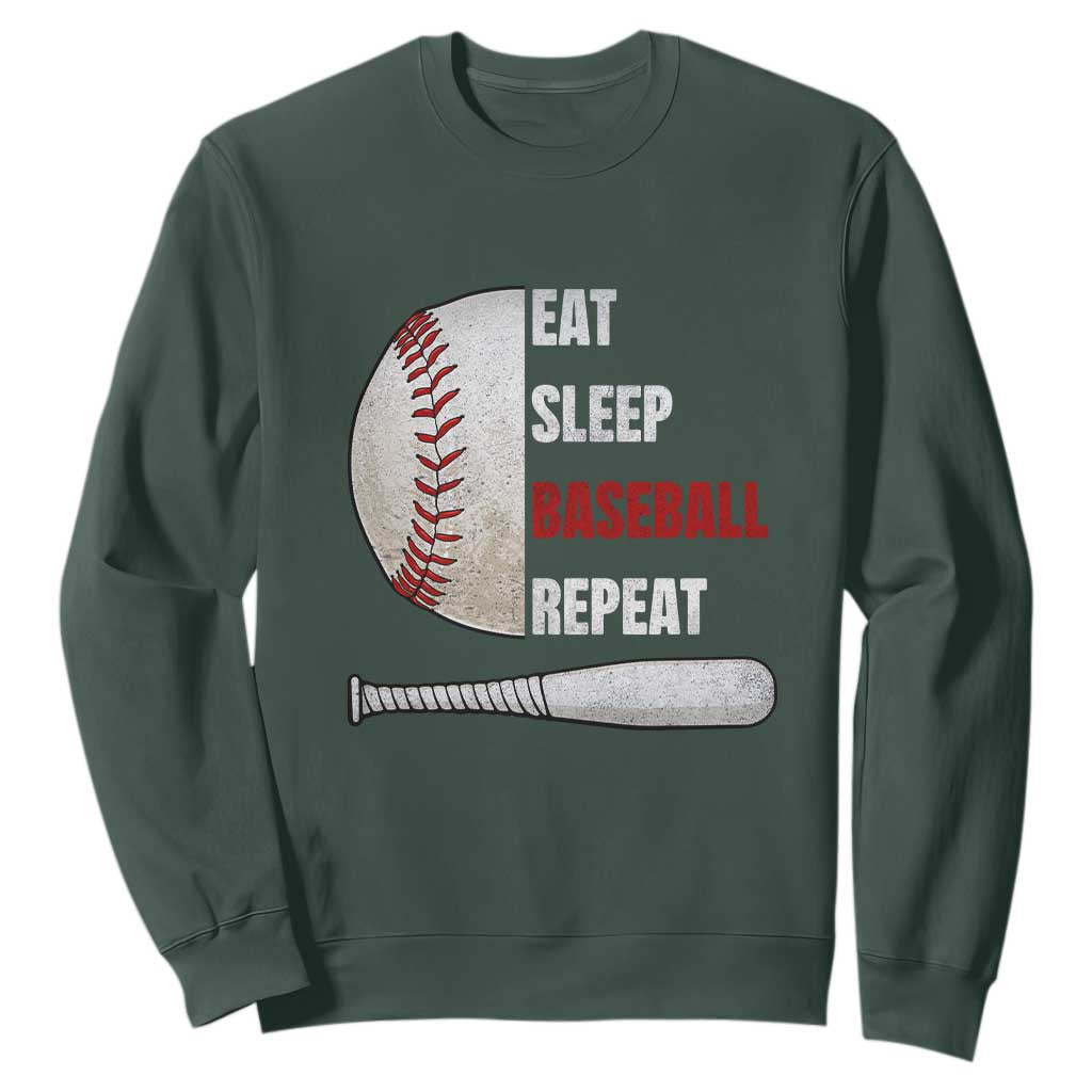 Baseball Player Sweatshirt Retro Funny Eat Sleep Baseball Repeat TS10 Dark Forest Green Print Your Wear