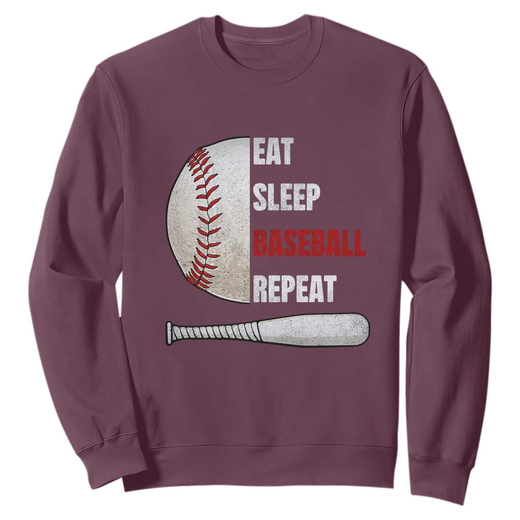 Baseball Player Sweatshirt Retro Funny Eat Sleep Baseball Repeat TS10 Maroon Print Your Wear