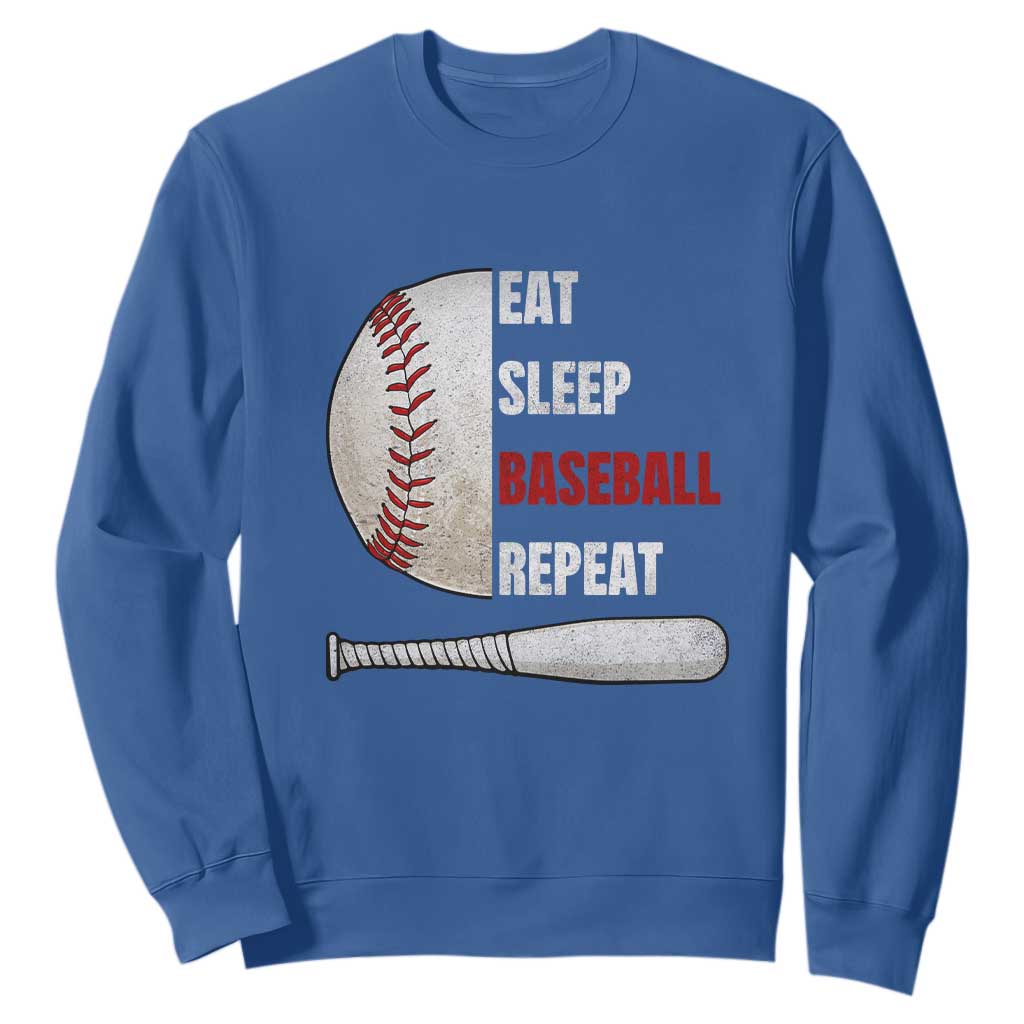 Baseball Player Sweatshirt Retro Funny Eat Sleep Baseball Repeat TS10 Royal Blue Print Your Wear