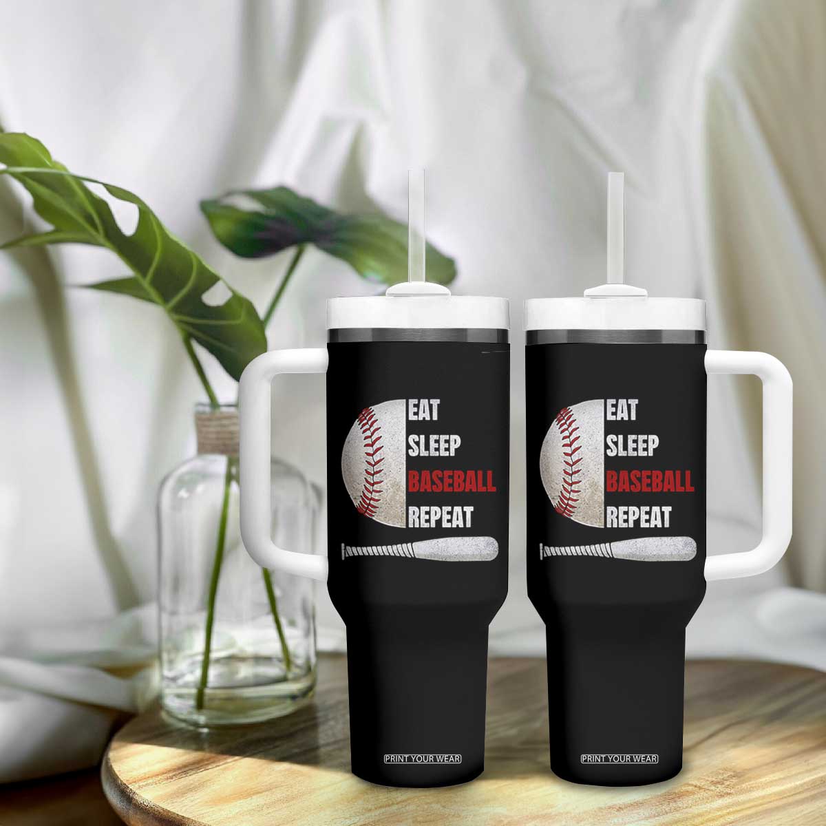 Baseball Player Tumbler With Handle Retro Funny Eat Sleep Baseball Repeat TS10 Print Your Wear