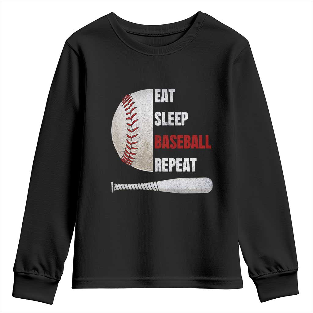 Baseball Player Youth Sweatshirt Retro Funny Eat Sleep Baseball Repeat TS10 Black Print Your Wear