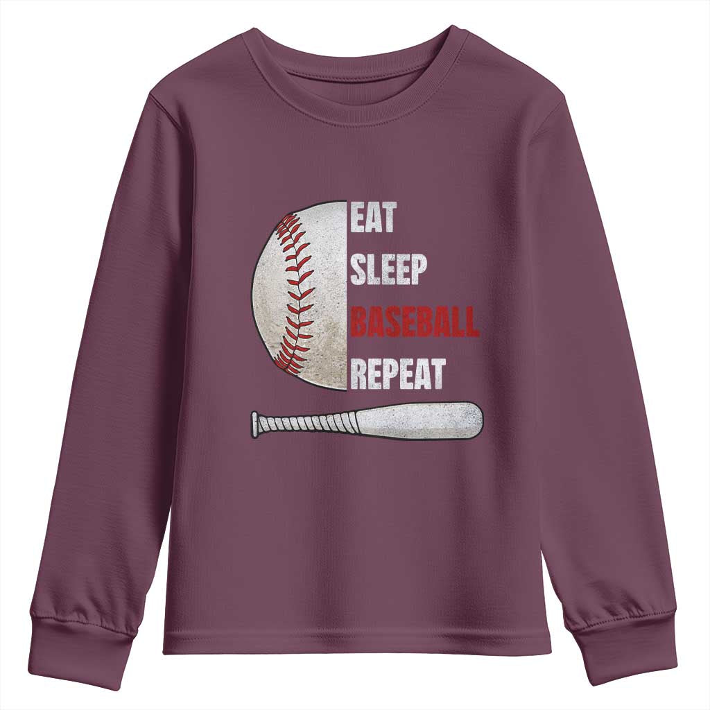 Baseball Player Youth Sweatshirt Retro Funny Eat Sleep Baseball Repeat TS10 Maroon Print Your Wear