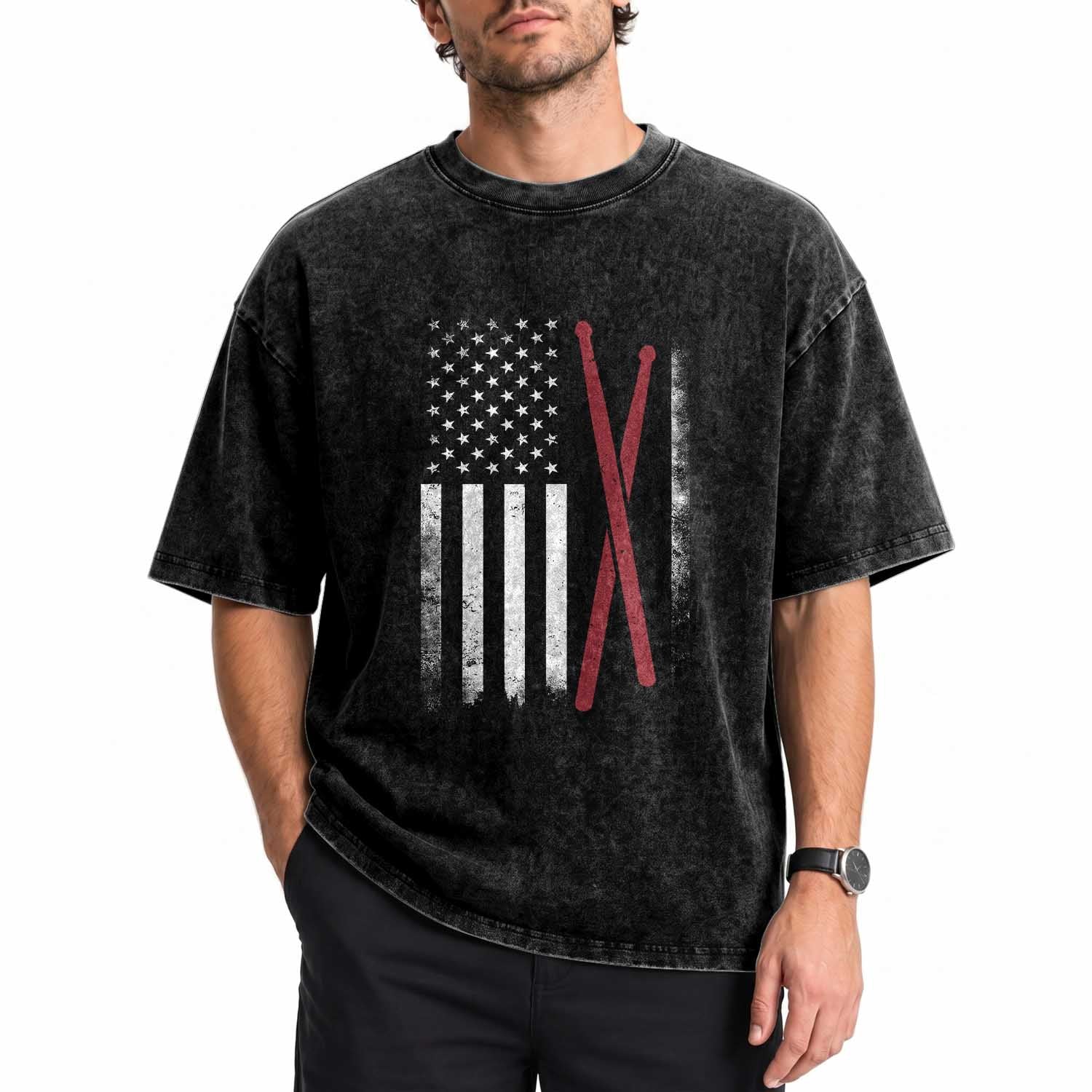 American Flag Drumsticks Washed Cotton T-Shirt USA Drummers Vintage Drum Sticks
