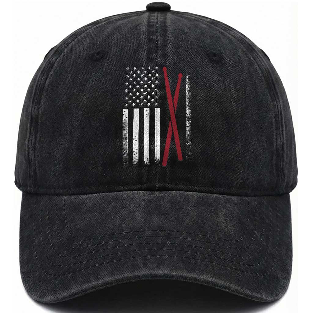 American Flag Drumsticks Washed Cotton Baseball Cap USA Drummers Vintage Drum Sticks TS10 Washed Cap Universal Fit Black Print Your Wear