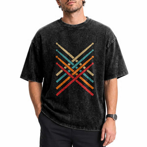 Retro Vintage Drummer Washed Cotton T-Shirt 70s 80s Distressed Drum Sticks