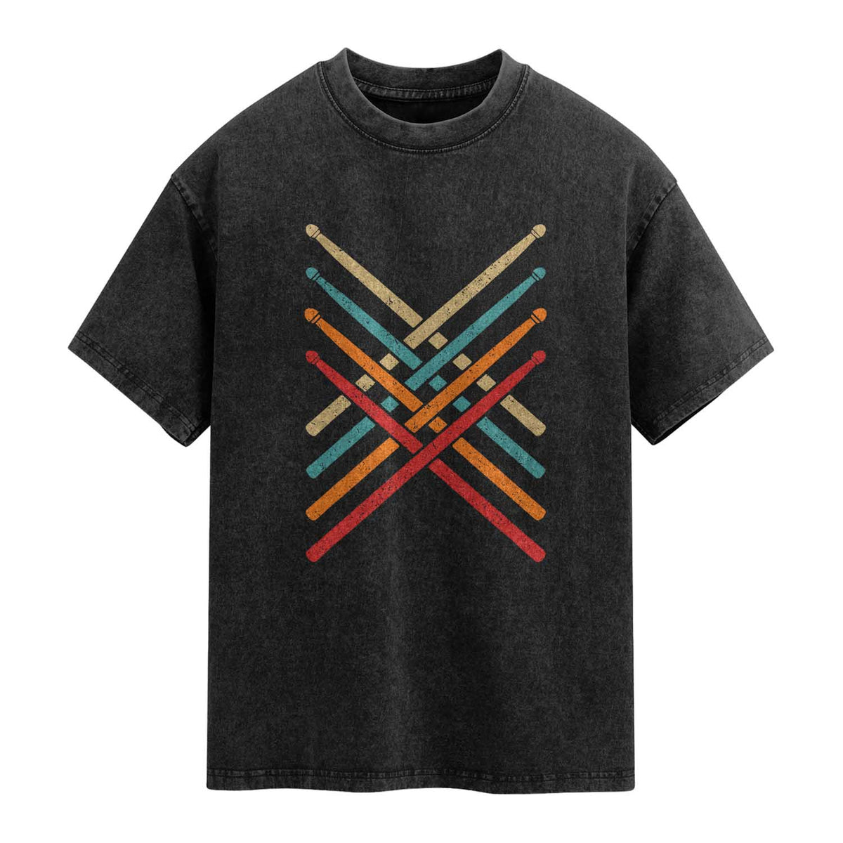 Retro Vintage Drummer Washed Cotton T-Shirt 70s 80s Distressed Drum Sticks