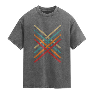 Retro Vintage Drummer Washed Cotton T-Shirt 70s 80s Distressed Drum Sticks
