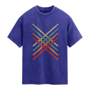 Retro Vintage Drummer Washed Cotton T-Shirt 70s 80s Distressed Drum Sticks