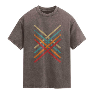 Retro Vintage Drummer Washed Cotton T-Shirt 70s 80s Distressed Drum Sticks