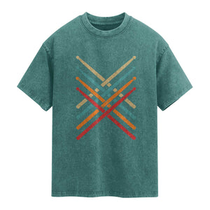 Retro Vintage Drummer Washed Cotton T-Shirt 70s 80s Distressed Drum Sticks