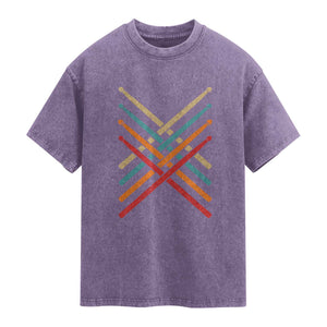 Retro Vintage Drummer Washed Cotton T-Shirt 70s 80s Distressed Drum Sticks