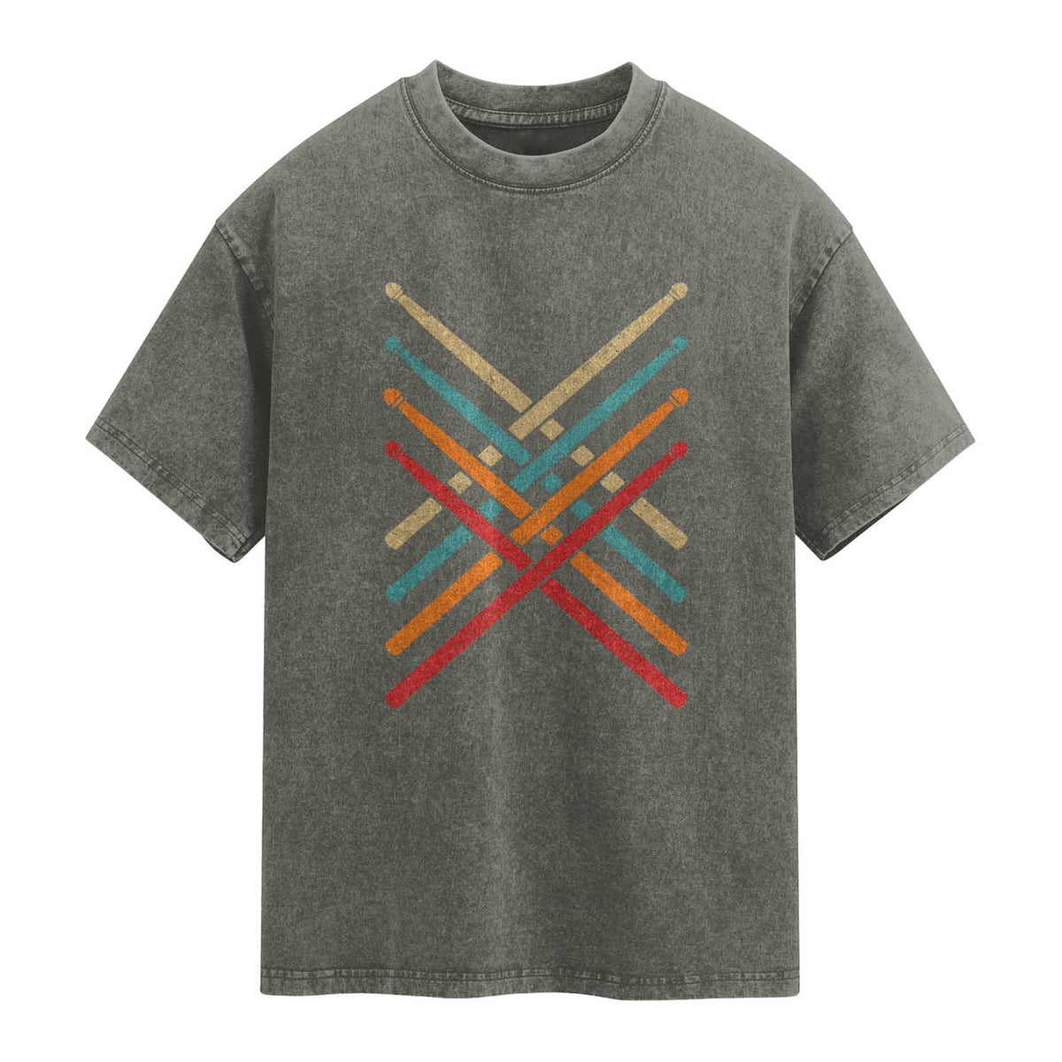 Retro Vintage Drummer Washed Cotton T-Shirt 70s 80s Distressed Drum Sticks