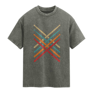 Retro Vintage Drummer Washed Cotton T-Shirt 70s 80s Distressed Drum Sticks