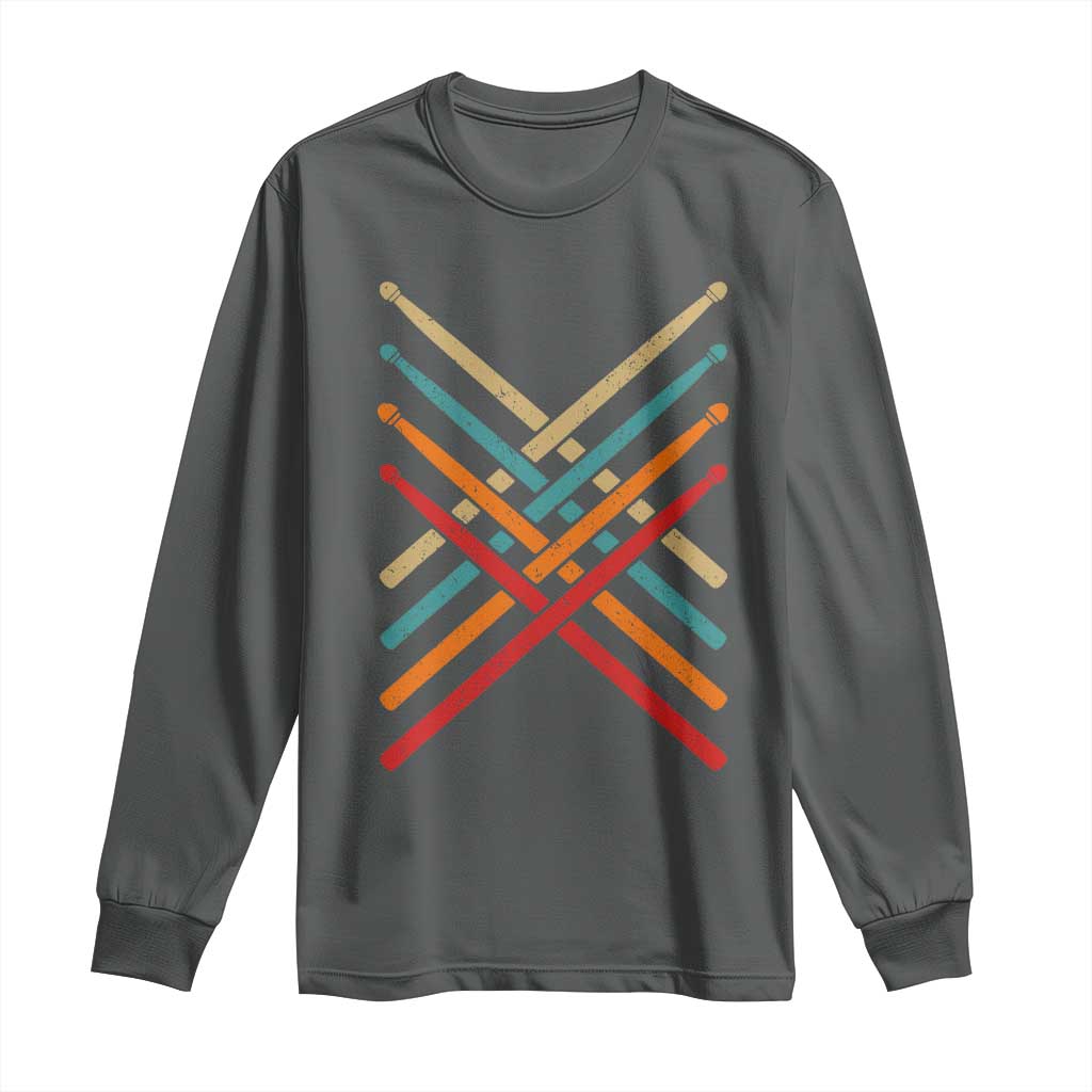 Retro Vintage Drummer Long Sleeve Shirt 70s 80s Distressed Drum Sticks TS10 Dark Heather Print Your Wear