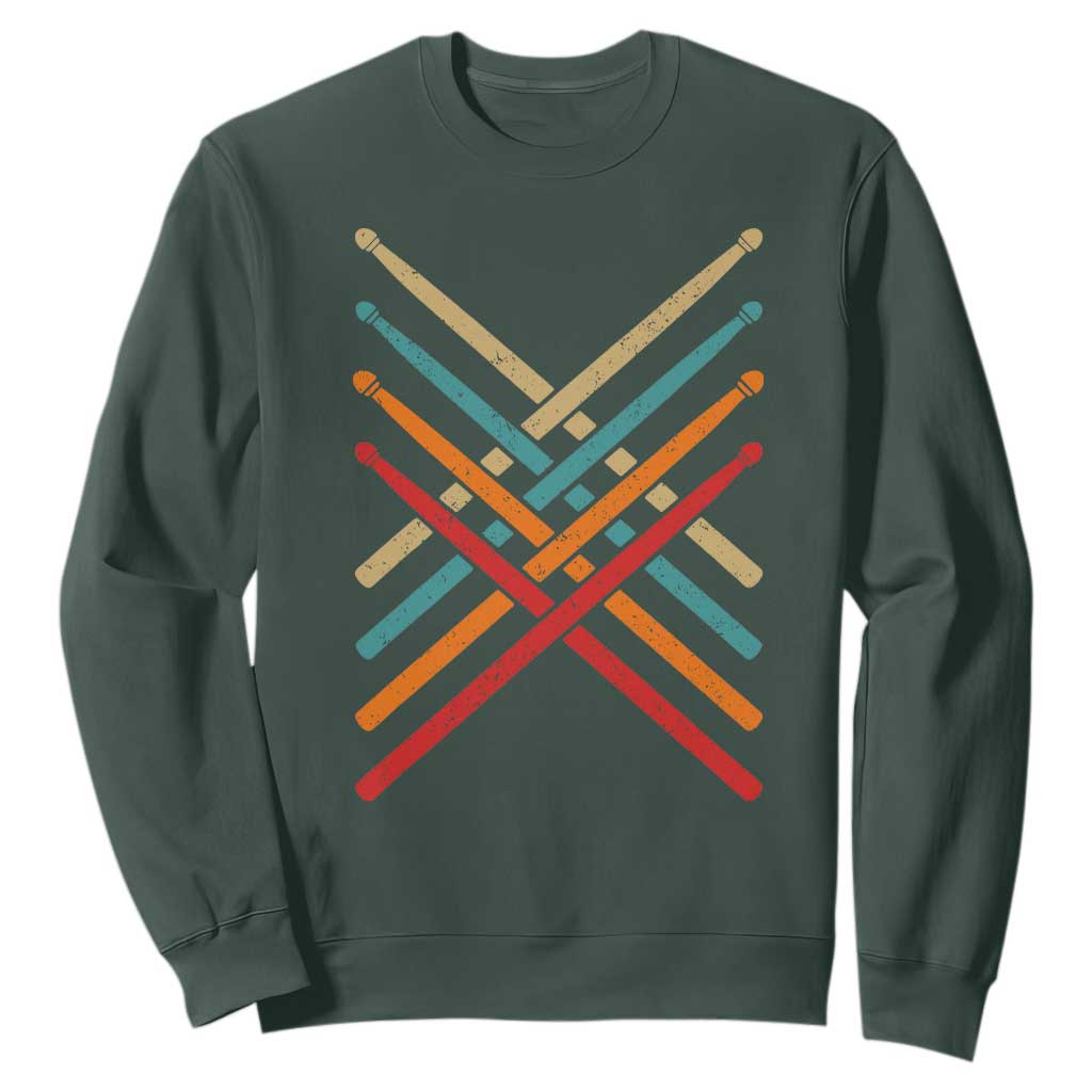 Retro Vintage Drummer Sweatshirt 70s 80s Distressed Drum Sticks TS10 Dark Forest Green Print Your Wear